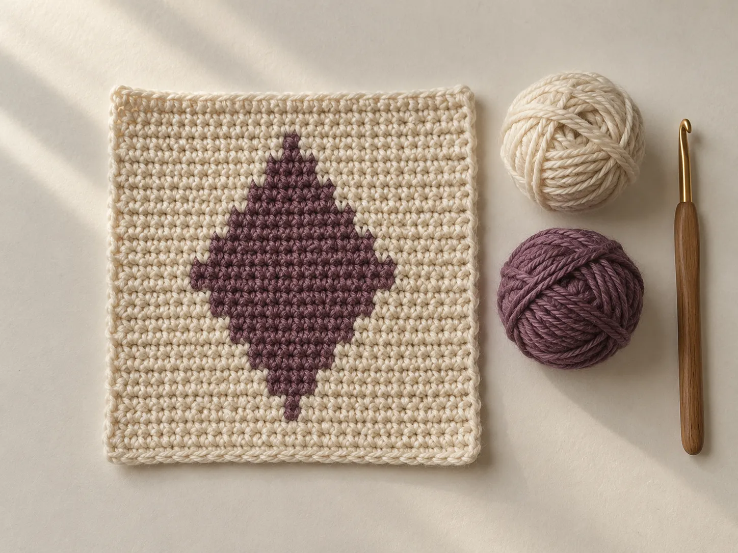 Cream crochet swatch with a purple diamond, matching yarn balls, and a crochet hook.